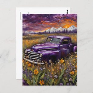 Cartão Postal Fantasy Retro Purple Vechicle em Montanha