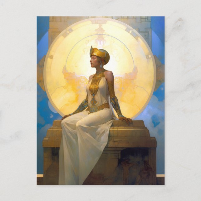 Cartão Postal Fantasy Retrofuturista Arte Sentada Rainha (Frente)