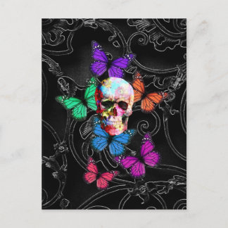 Cartão Postal Fantasy skull and colored butterflies