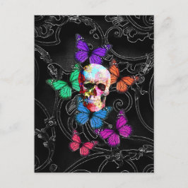 Cartão Postal Fantasy skull and colored butterflies