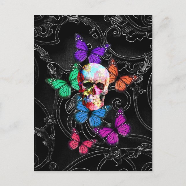 Cartão Postal Fantasy skull and colored butterflies (Frente)