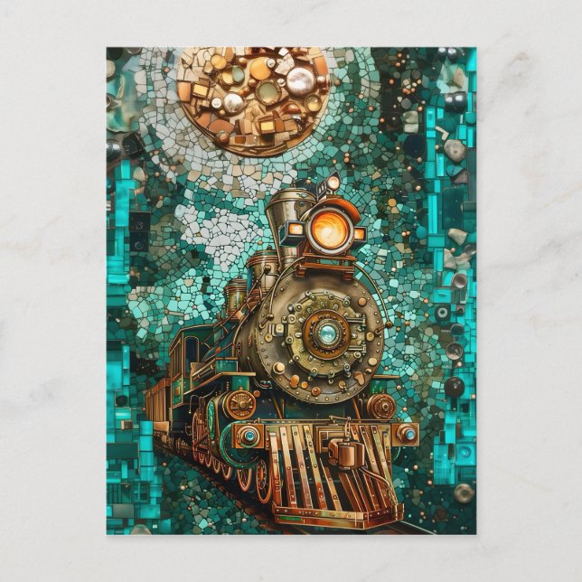 Cartão Postal Fantasy Steampunk Train Aqua Faux Mosaico 066 (Frente)