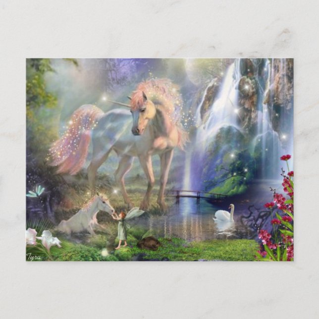 Cartão Postal Fantasy Unicorn Mãe e Bebê (Frente)