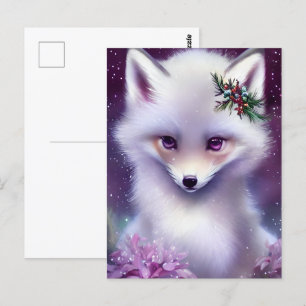 Cartão Postal Fantasy White Baby Fox com Olhos Lavandas