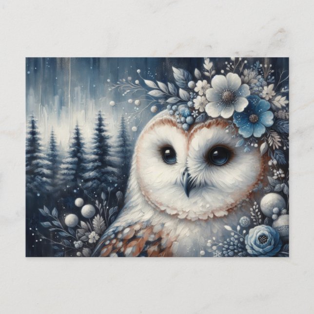 Cartão Postal Fantasy White Owl Winter Wonderland (Frente)