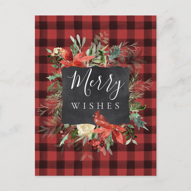 Cartão Postal Farmhouse Russo Black Red Check Xadrez Natal (Frente)