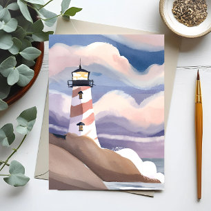 Cartão Postal Farol à Beira-Mar Pintura do Oceano em Aquarela