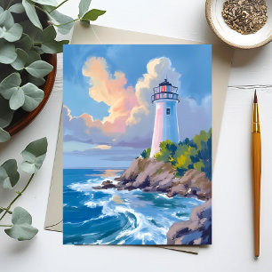 Cartão Postal Farol Costeiro Ondas do Mar Oceano Azul