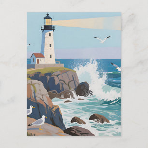 Cartão Postal Farol Costeiro Ondas do Oceano Gaivotas