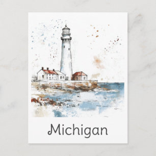 Cartão Postal Farol das Grandes Lagoas de Michigan Aquarela Viag