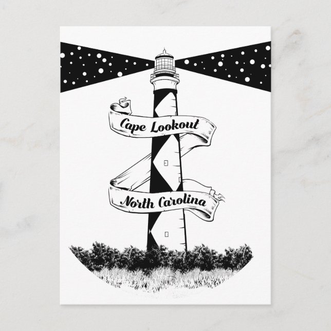 Cartão Postal Farol de Cape Lookout Preto e Branco (Frente)