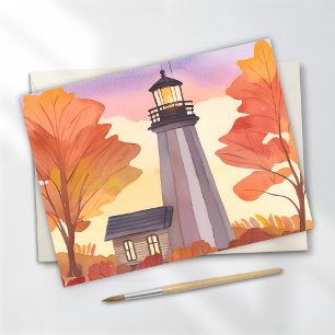 Cartão Postal Farol de Outono Aquarela de Folhagem de Outono