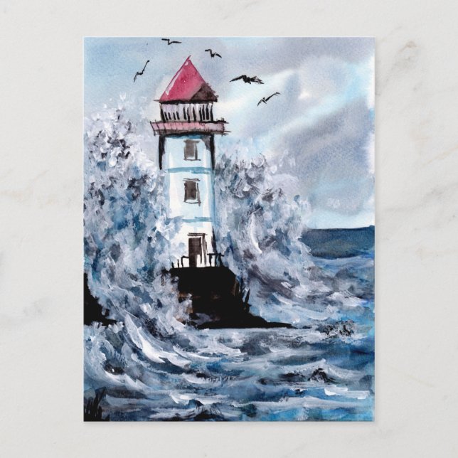 Cartão Postal Farol e Watercolor de tempestade (Frente)