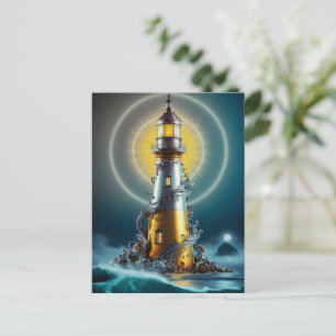 Cartão Postal Farol luminoso em meio a ondas