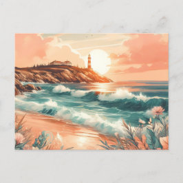 Cartão Postal Farol Sunset Ocean Beach Boho Floral
