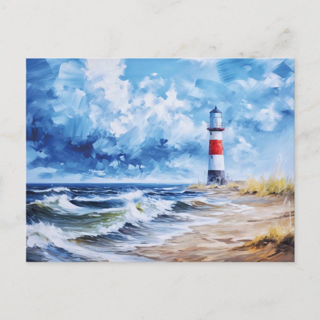 Cartão Postal Farol vermelho branco da costa do Mar Báltico. Art (Frente)