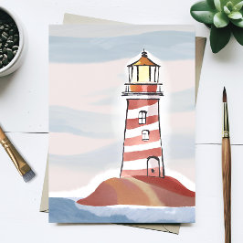 Cartão Postal Farol Vermelho e Branco | Beachy Ocean Watercolor
