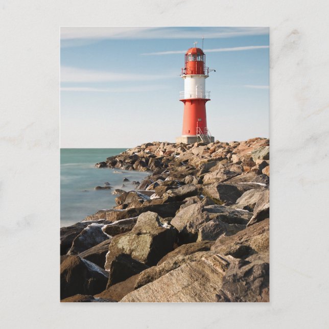 Cartão Postal Farol vermelho em Warnemuende (Frente)
