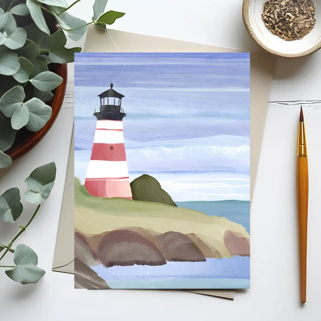 Cartão Postal Farol Vermelho | Pintura por Aquarela do Oceano Co (Criador carregado)