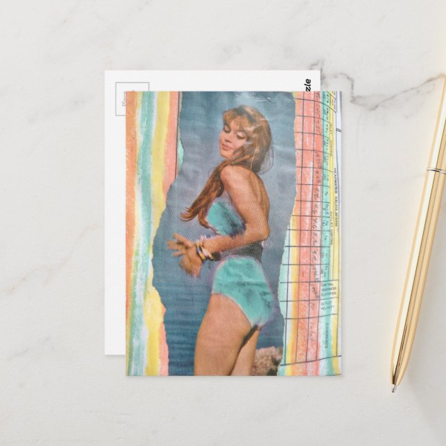 Cartão Postal Fashion model Woman in 1957 on the beach collage (Frente/Verso In Situ)