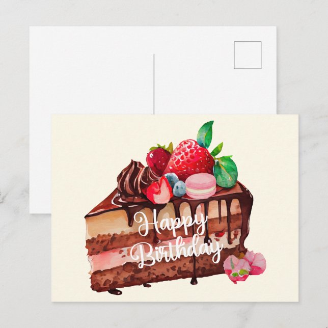 Cartão Postal Fatia de Bolo de Chocolate com Morango de Aniversá (Frente/Verso)