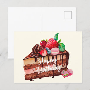 Cartão Postal Fatia de bolo de chocolate de morango de aniversár