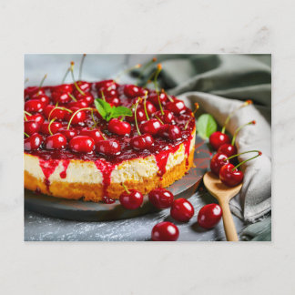 Cartão Postal Fatia de cheesecake de quark com cereja e colher d