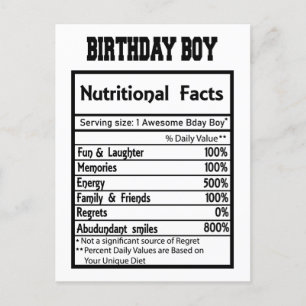 Cartão Postal Fatos Nutricionais do Menino de Aniversário 