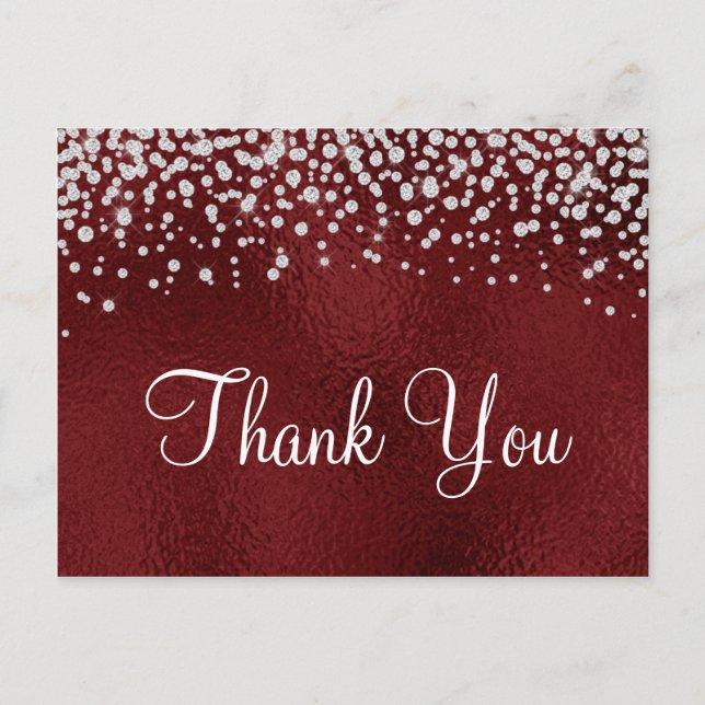 Cartão Postal Faux Dark Red Foil Diamond Confetti Obrigado (Frente)
