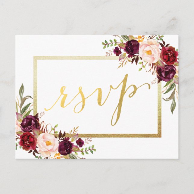 Cartão Postal Faux Gold Foil Burgundy Casamento Floral RSVP (Frente)