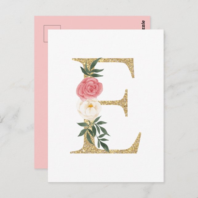 Cartão Postal Faux Gold Foil - Letra E Blush Monograma Floral (Frente/Verso)