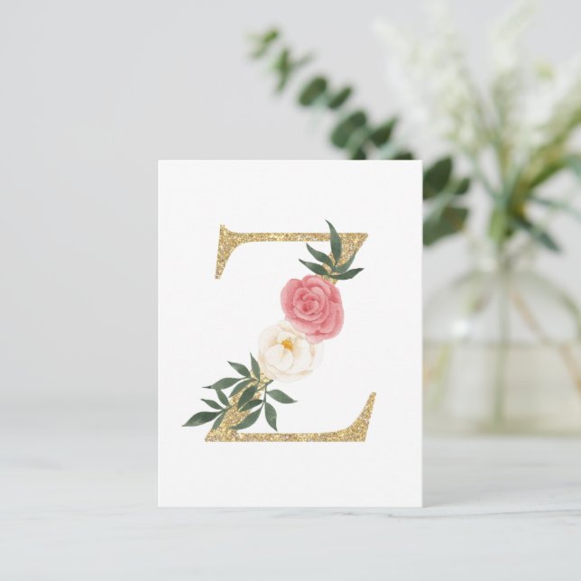 Cartão Postal Faux Gold Foil - Letra Z Monograma Floral Esmagado (Em pé/Frente)