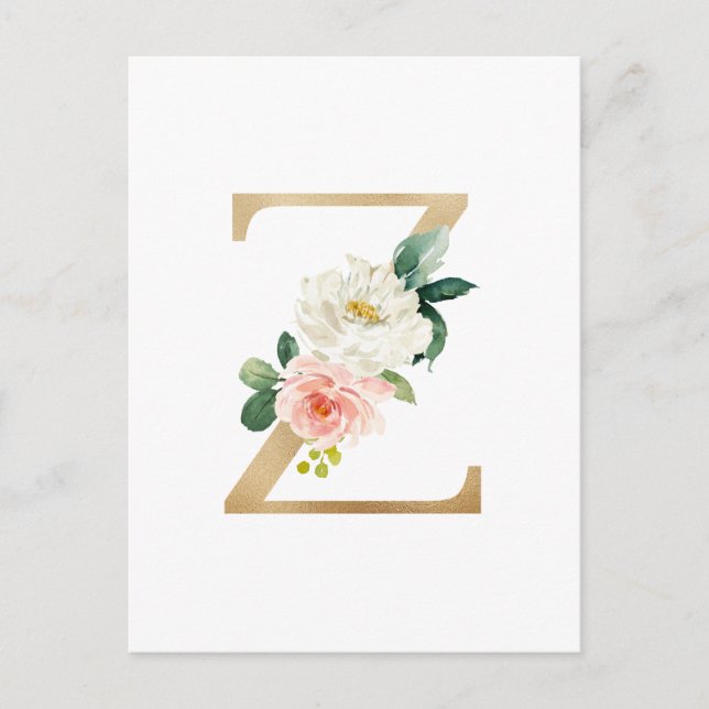 Cartão Postal Faux Gold Foil - Letra Z Monograma Floral Esmagado (Frente)