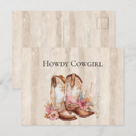 Cartão Postal Faux Rustic Cream Wood Rosa Rosa Rosa Cowgirl Boot