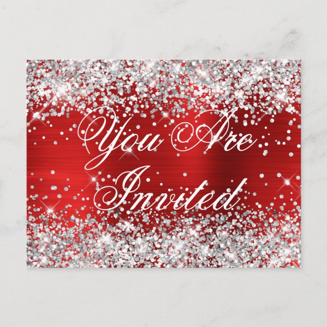 Cartão Postal Faux Silver Glitter Red Foil Sweet Dezesseis (Frente)