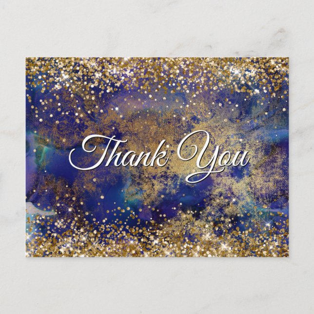 Cartão Postal Faux Sparkly Dourado Glitter Indigo Marble Obrigad (Frente)