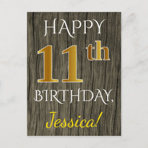 Cartão Postal Faux Wood, Faux Dourada 11 Birthday + nome persona