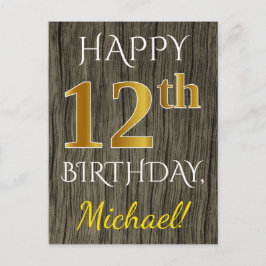 Cartão Postal Faux Wood, Faux Dourada 12 Birthday + nome persona