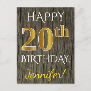 Cartão Postal Faux Wood, Faux Dourada 20 Birthday + nome persona