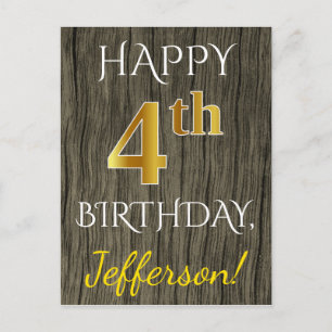 Cartão Postal Faux Wood, Faux Dourada 6 Birthday + nome personal