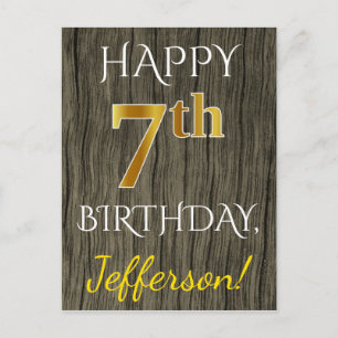 Cartão Postal Faux Wood, Faux Dourada 7 Birthday + nome personal