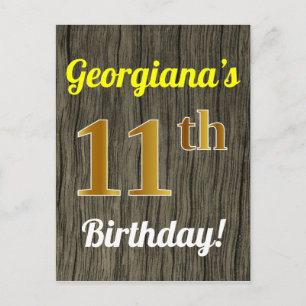 Cartão Postal Faux Wood, Faux Dourado 11 Birthday e nome persona