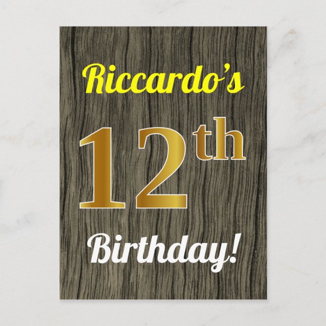 Cartão Postal Faux Wood, Faux Dourado 12 Birthday e nome persona (Frente)
