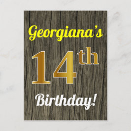 Cartão Postal Faux Wood, Faux Dourado 14 Birthday e nome persona