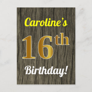 Cartão Postal Faux Wood, Faux Dourado 16º Aniversário e Nome P