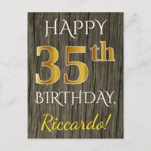 Cartão Postal Faux Wood, Faux Dourado 35.o aniversário + nome p
