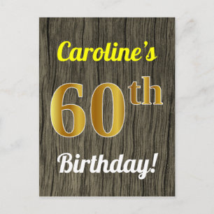 Cartão Postal Faux Wood, Faux Dourado 60º Aniversário e Nome Per
