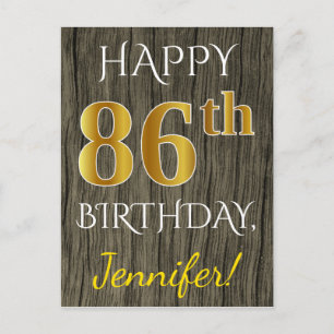 Cartão Postal Faux Wood, Faux Dourado 86.o aniversário + nome p