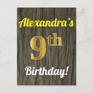 Cartão Postal Faux Wood, Faux Dourado 9º aniversário e nome pe