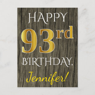 Cartão Postal Faux Wood, Faux Dourado 93º Aniversário + Nome Per